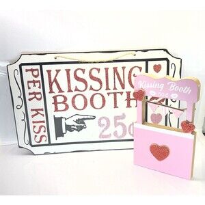 VALENTINE Kissing Booth Mini Stand w/ Banner & Sign- Lips/Hearts, Red/Pink-Decor